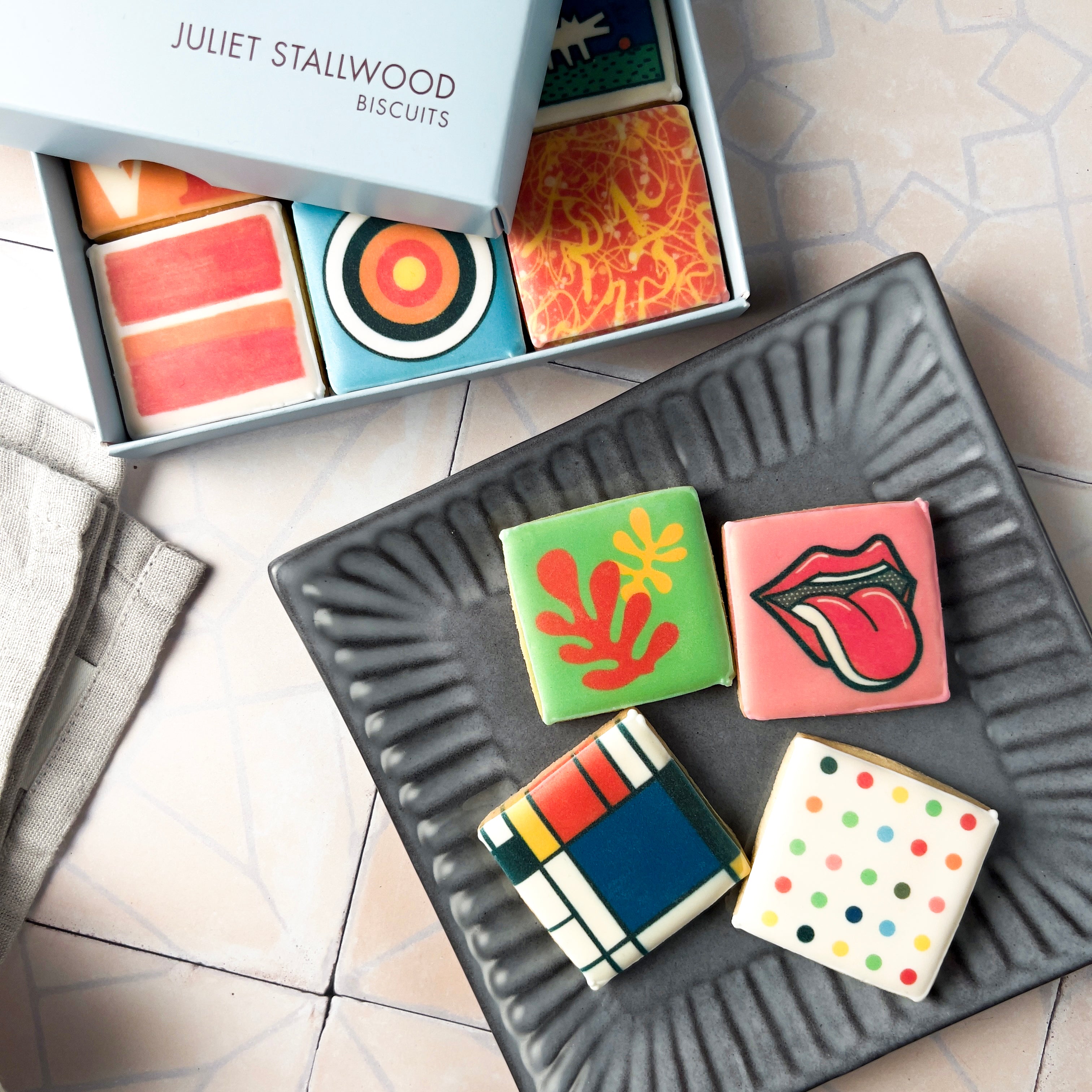 Busicuit Box Modern Art Tile Biscuit Box – Juliet Stallwood Cakes & Biscuits